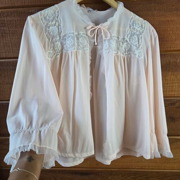 Wonder Maid Vintage 50s Peach Embroidered Lace Ruffle Bed Jacket Coquette Boho - Picture 2 of 12